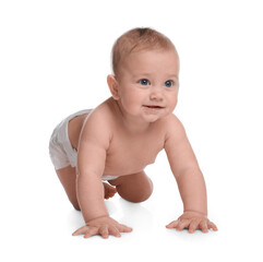 Wall Mural - Cute little baby in diaper crawling on white background