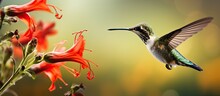 A Lovely Tiny Bird With A Lengthy Beak Hovers Above A Red Flower To Drink The Tasty Nectar