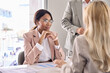 African American business woman executive hr manager, financial advisor, female attorney or lawyer wearing suit communicating during business office group board meeting, job interview.