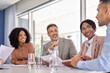 © insta_photos - Happy busy international professional executive business team diverse colleagues employees work group talking consulting planning strategy, having conversation at conference office corporate meeting.