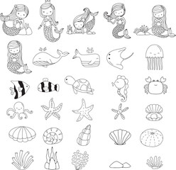 Wall Mural - Mermaid Big set outline hand drawn style, cute animal aquatic animals  ocean sea  printing,card, t shirt,banner,product.vector illustration