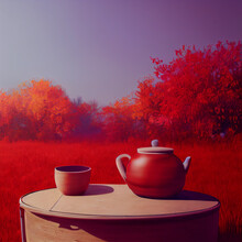 Red And White Palette, Teapot And A Cup On The Table At Beautiful Fall Season, Red Trees On The Background, Seasonal Greetings Design