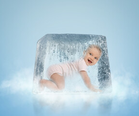 Cryopreservation as method of infertility treatment. Baby in ice cube on light blue background