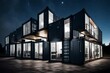 Modern metal White building made from shipping house containers at night 