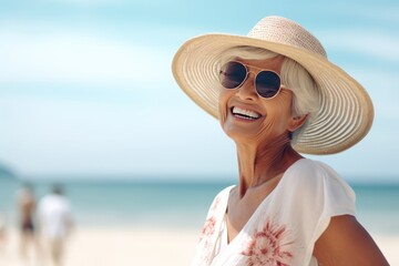 summer holidays, vacation, travel and people concept - smiling senior woman in hat and sunglasses on beach