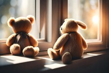 Best Friends Teddy Bear And Bunny Toy Sitting On Window 