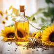 Organic sunflower oil in glass bottle with sunflower on a wooden table. Blurred background.Generative Ai