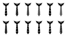 Tie Icon Set. Necktie, Attaching, Suit, Shirt, Neck, Collar, Accessory, Business, Clothes, Formal, Dress, Professional, Icons. Black Solid Icon Collection. Vector Illustration