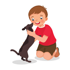 Poster - Cute little boy pet lover playing and hugging his dog
