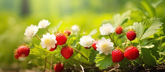 Canvas Print - Wild strawberries and white flowers in a forest meadow up close