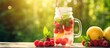 Detox water in a mason jar with lemon raspberries mint and a natural backdrop