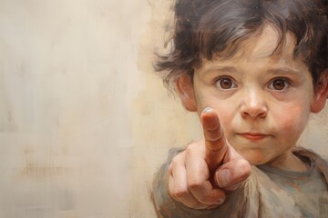 a small hand is painted and pointing toward the camera, in the style of childlike, studio portrait 