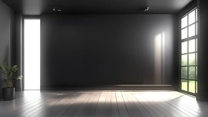 Black background to present products in loop, black wall, increase and decrease of lights, wooden floor, 4k