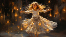 Magical Scene Of A Little Girl Dancing Amidst Golden Lights With A Vintage Festive Atmosphere.
