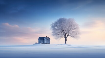 Wall Mural - Early winter morning in a snowy field with a house near which there is a tree