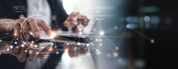 Wall Mural - cyber security network. data protection concept. businessman using laptop computer with biometric id