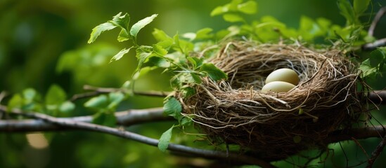 Wall Mural - Bird nests old and new covered by green leaves on one branch