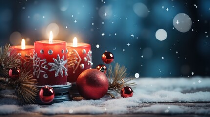 Christmas background decoration design with lanterns or candles illuminated on snow with beautiful bokeh backdrop at night.