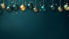 Christmas Balls With Copy Space For Text On Dark Turquoise Background.