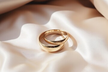 Two gold wedding rings on silk fabric, wedding