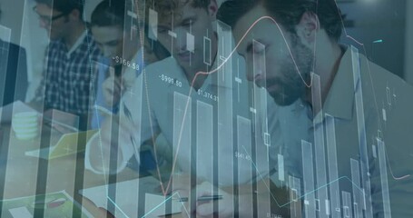 Wall Mural - Animation of statistical data processing against two diverse men discussing at office