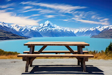 Empty Picnic Table With Lake Mountain And Blue Sky View