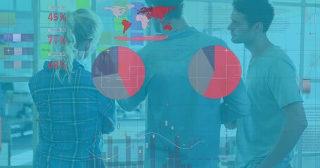 Poster - Animation of statistical data processing on diverse colleagues discussing over memo notes at office