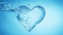Water And Water Line On Left Side In The Shape Of A Heart Over Blue Background. Symbolizing Hydration, Clean Water And Water Conservation.