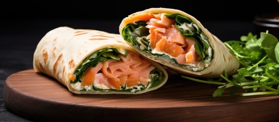 Wall Mural - Salmon cream cheese spinach arugula wraps become fish burritos overhead and horizontal