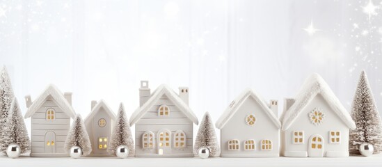 Poster - Christmas decor with white ceramic house and tree toys on rustic white backdrop with room for text