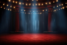 Magical Lighting Theater Stage With Red Curtains, Spotlight, And Festive Background, Copy Space, Banner Or Poster