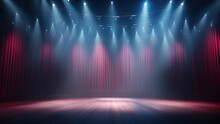Magical Lighting Theater Stage With Red Curtains, Spotlight, And Festive Background, Copy Space, Banner Or Poster