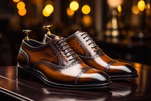 A Picture Of Man Luxury Brown Leather Shoes In A Shop Window Close Up On Room Generative AI