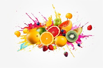 Wall Mural - colorful paint and summer fruit explosion on transparent background