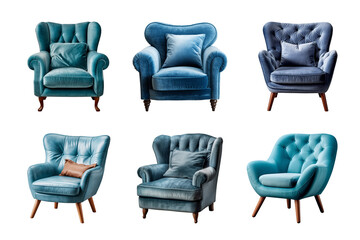 Sticker - Comfortable blue armchair collection isolated on a transparent background. Interior element