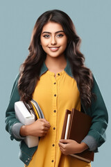 Wall Mural - Young indian college girl holding books in hand, smiling