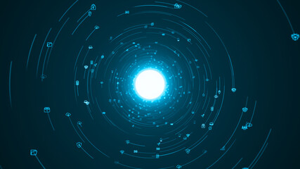 Wall Mural - blue technology icons floating rotation in circle like in space with abstract background