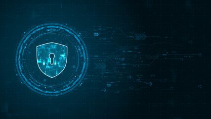 Wall Mural - Blue digital security shield logo and circle futuristic HUD elements with flowing arrows with network firewall technology and data secure concepts on abstract background
