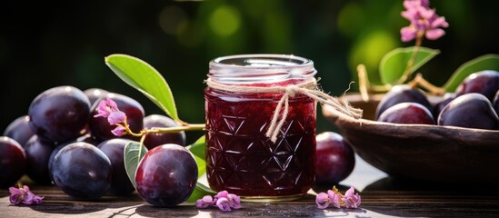 Poster - Plum jam and croissants with ripe plums high key selective focus