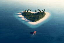 A Boat Heading To Heart Shaped Island In The Sea. Top Down View