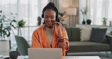 Canvas Print - Black woman, headset with laptop and phone call in home, virtual assistant or crm agent. Remote work girl at desk with computer, typing and conversation for advice, online chat and help in apartment.