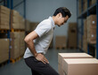 © May - Thigh pain in Asian male worker. Concept of sciatica or sciatic nerve pain. AI generative