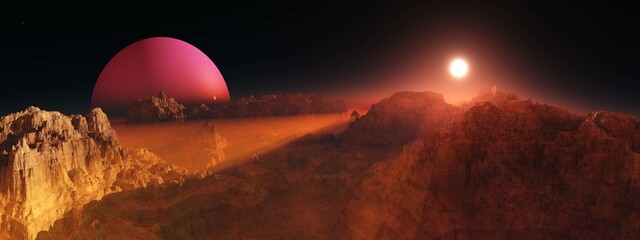 Wall Mural - alien landscape, fantastic mountains on an alien surface, star rising in the fog of an alien landsca