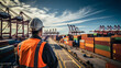 Engineer inspects cargo at container yard, global logistics.generative ai