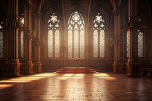 Inside Of A Gothic Cathedral With Wooden Floor And Carved Stone