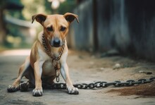 Abused Dog Locked In Chains. Lonely Sad Homeless Puppy Dog. Generate Ai