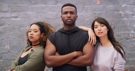 Poster - Fashion, diversity and confident friends arms crossed outdoor on a brick wall background together for attitude. Portrait, cool and serious with a group of young people ready for trendy style