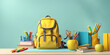 Back to school concept, Big backpack on a desk in a classroom with school accessory.