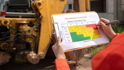 Wall Mural - the operation supervisor is using ballpoint pen to marking on the risk assessment matrix form, to in