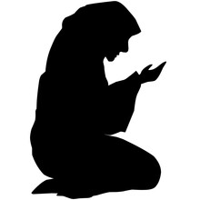 Woman Muslim Praying Silhouette Vector Illustration. Woman With Hijab Praying Icon For Eid Mubarak. Ramadan Design Graphic In Muslim Culture And Islam Religion